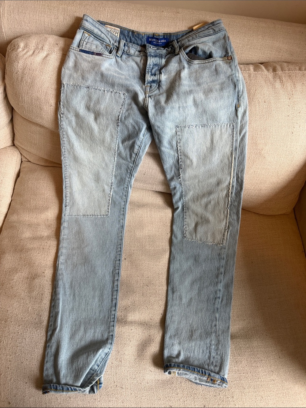 Scotch & Soda Light Blue Slim Straight Jeans with Front Patch Panels